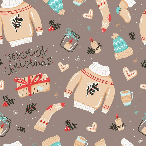Patrón Sin Costuras Navidad Con Sombreros Pullovers Otras Cosas Ilustración — Archivo Imágenes Vectoriales