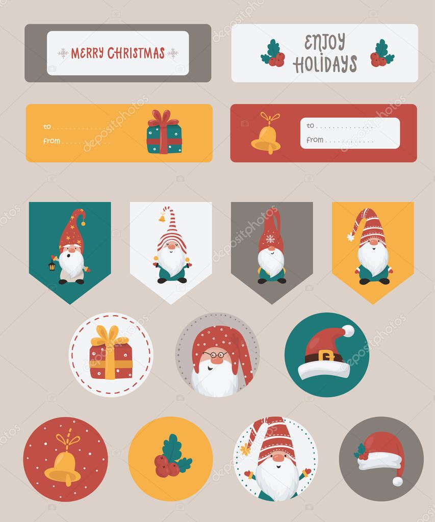 Christmas set with Christmas notes, stickers, labels, stamps, tags with winter christmas illustrations. Ready to print