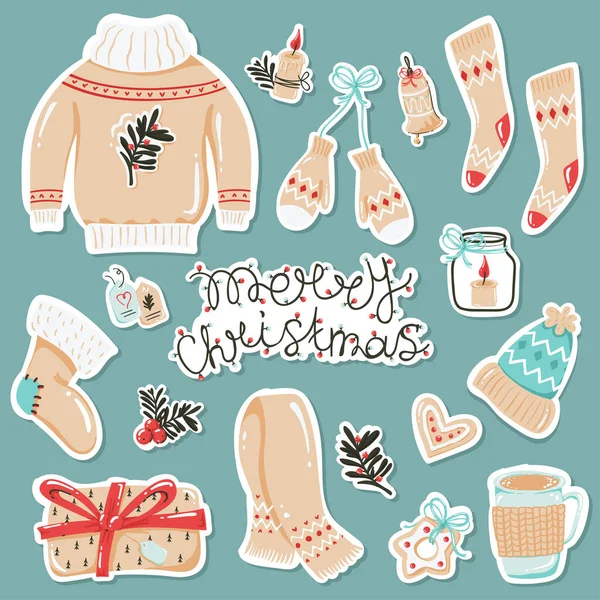 Conjunto Pegatinas Con Ropa Artículos Acogedores Otoño Invierno Ilustración Vectorial — Vector de stock