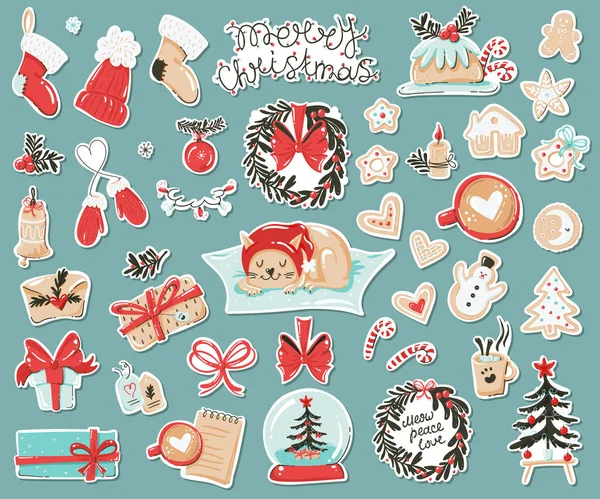 Set de pegatinas con artículos navideños. — Vector de stock