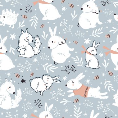 Şirin orman hayvanlarıyla kusursuz bir Noel deseni. Paket kağıdı ve yapıştırma kitabı için vektör illüstrasyonu