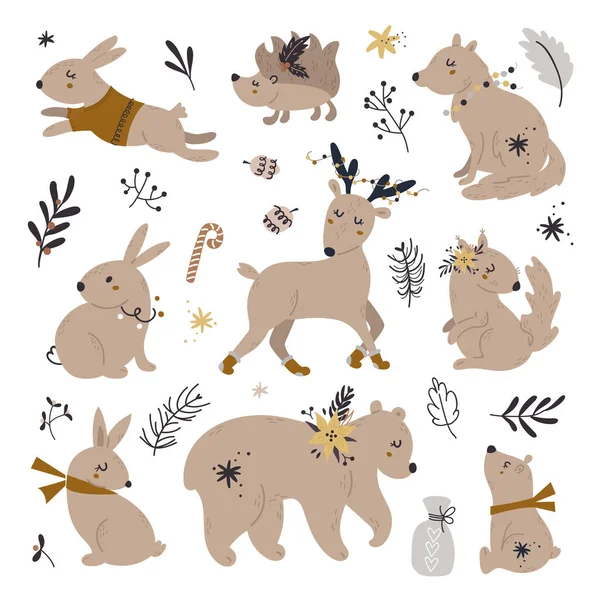 一组可爱的林地动物 包装着圣诞装饰品 圣诞请柬和剪贴簿的矢量图解 — 图库矢量图片