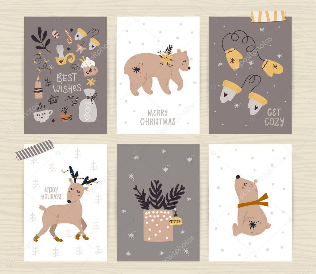 Set of posters with tree, cute animals and inscriptions.