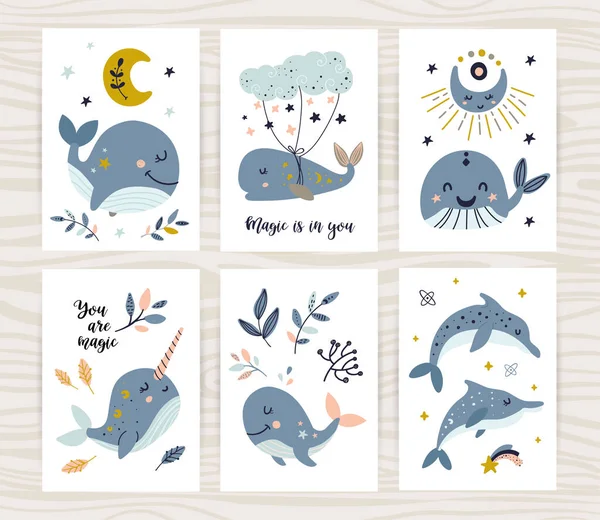 Bébé affiches avec des baleines pour fille et garçon. — Image vectorielle