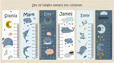 Set of Kids height chart with whale. clipart