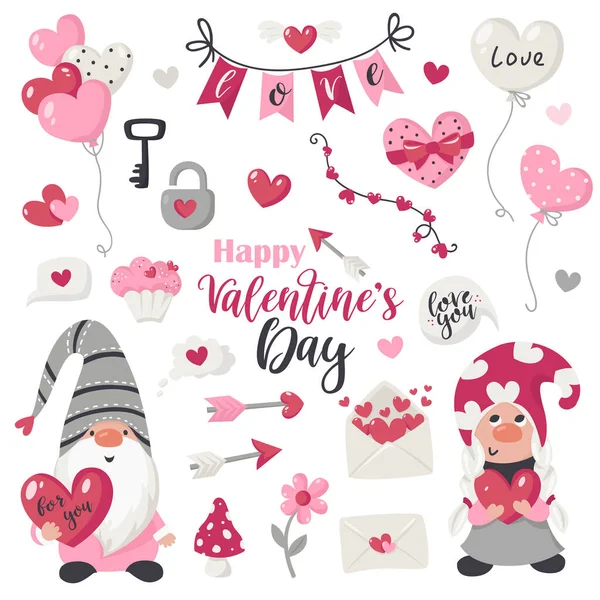 Colección de artículos y gnomos del Día de San Valentín — Vector de stock