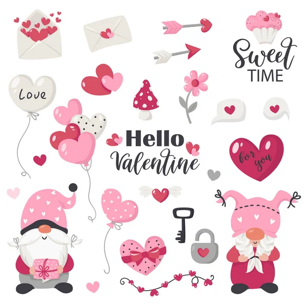 Colección de artículos y gnomos del Día de San Valentín — Archivo Imágenes Vectoriales