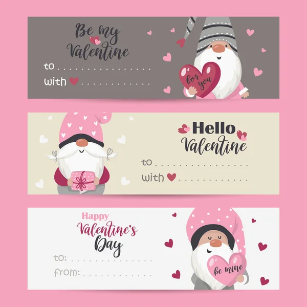 Collection of tags with Valentine Gnomes and holiday wishes — Stock Vector