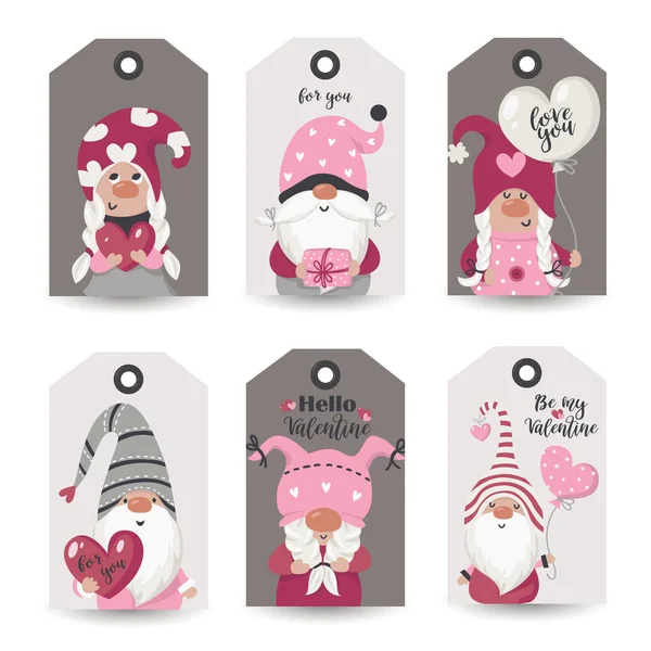 Collection of tags with Valentine Gnomes and holiday wishes — Stock Vector