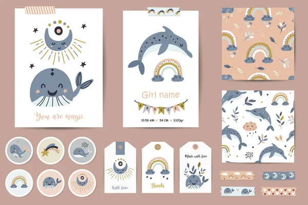 Jeu de cartes, notes, autocollants, étiquettes, timbres, étiquettes avec baleines et arc-en-ciel illustrations pour filles — Image vectorielle