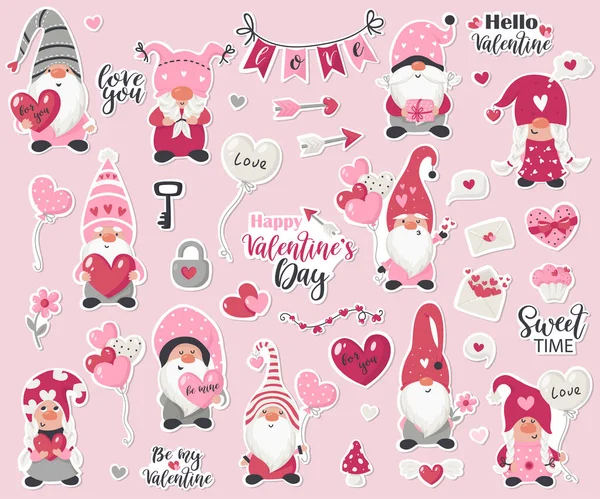 Adesivi San Valentino Gnome Collezione — Vettoriale Stock