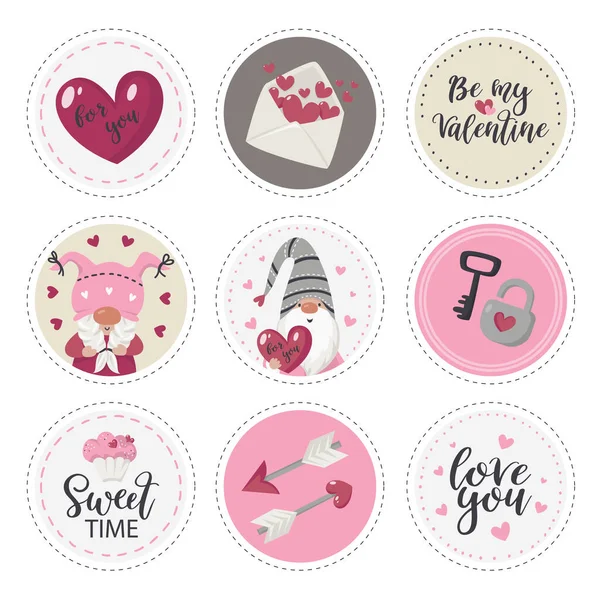 Round Labels collection with Valentines Days items. — Stock Vector