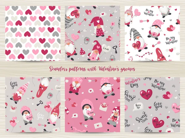 Set of seamless patterns with Valentines Day gnomes — Stock Vector