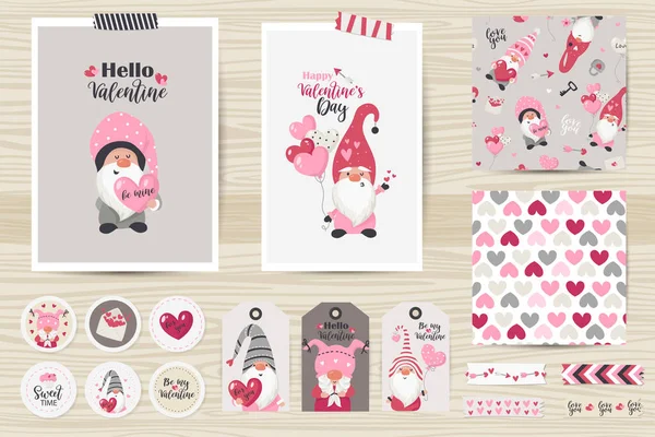 Set with cards, notes, stickers, labels, stamps, tags with Valentines Day illustrations. — Stock Vector