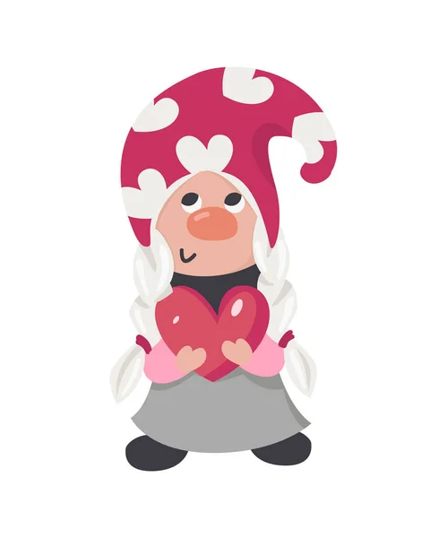 Valentine gnome med ett rött hjärta. — Stock vektor