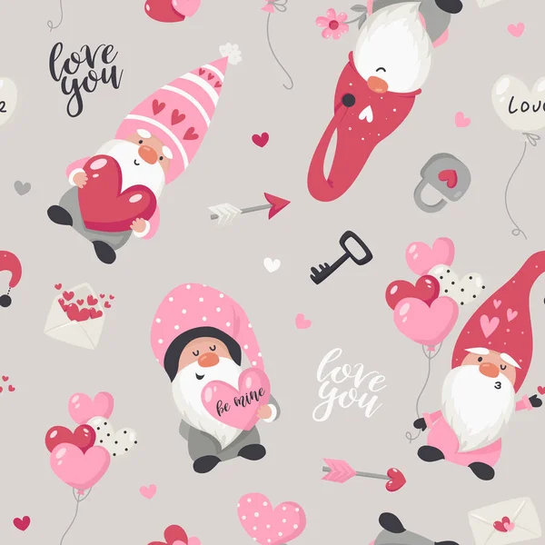 Seamless pattern with Valentines Day gnomes — Stock Vector