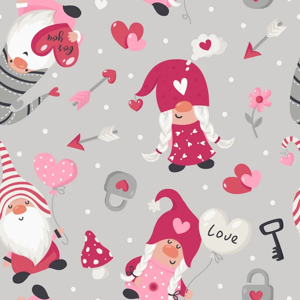 Seamless pattern with Valentines Day gnomes — Stock Vector