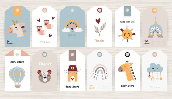 Set of tags with bohemian items for girl and boy. — Stock Vector