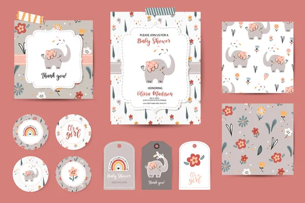 Conjunto de convites para chá de bebê, cartões de agradecimento, etiquetas e padrões sem costura —  Vetores de Stock