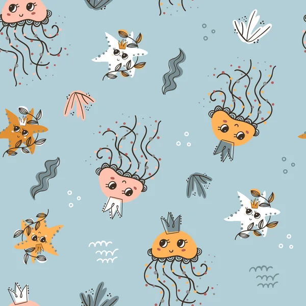 Patrón sin costuras con estrellas de mar y medusas — Vector de stock