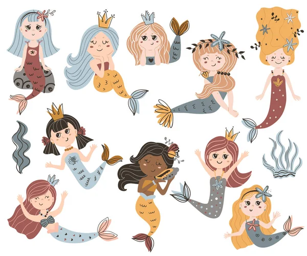 Collection of cute isolated mermaids — Stock Vector