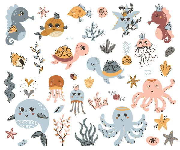 Conjunto de vectores de animales marinos lindos — Vector de stock