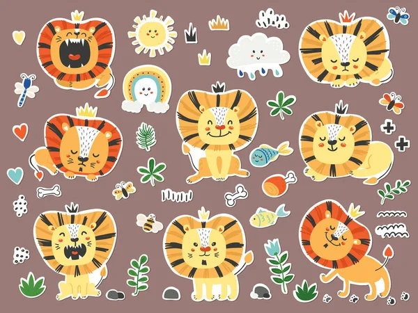 Set stickers met leuke leeuwen. — Stockvector