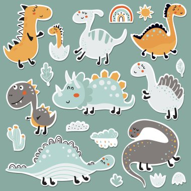 Dinozor bebek çıkartmaları hazır. Plancılar, defterler ve daha fazlası için vektör illüstrasyonuName