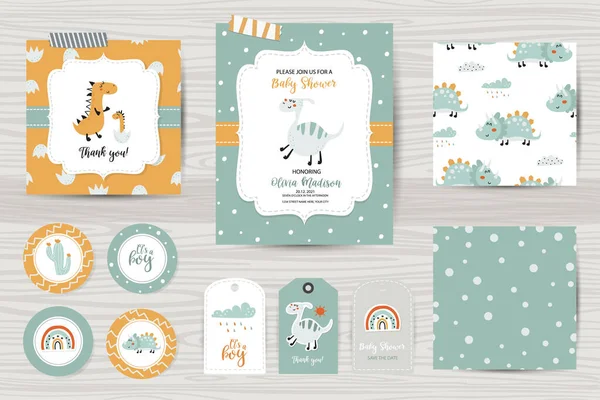 Conjunto Invitaciones Baby Shower Tarjetas Agradecimiento Etiquetas Patrones Sin Costuras — Vector de stock