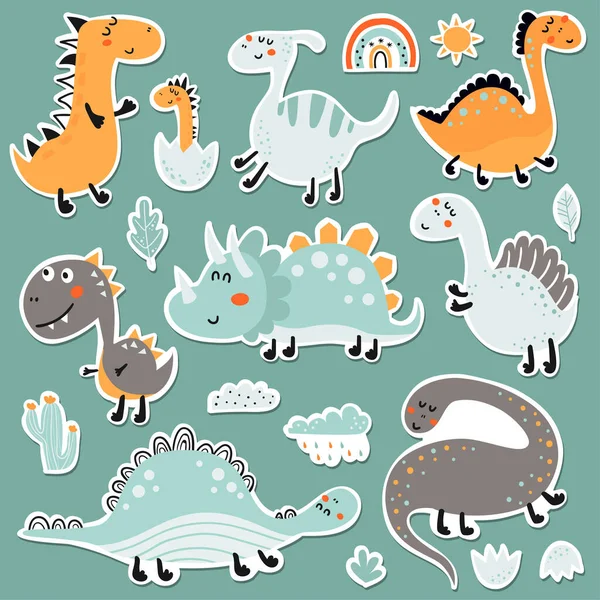 恐竜の赤ちゃんのステッカーセット プランナー ノートブックなどの設計のためのベクトルイラスト — ストックベクタ