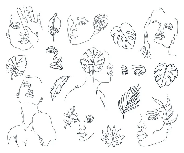 Set van trendy abstracte een lijn vrouw gezichten met monstera bladeren. — Stockvector