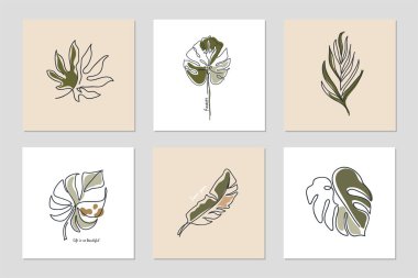 Tek çizgili arka planlar, sürekli yapraklar ve cümleler. Geometrik şekilli soyut kolaj