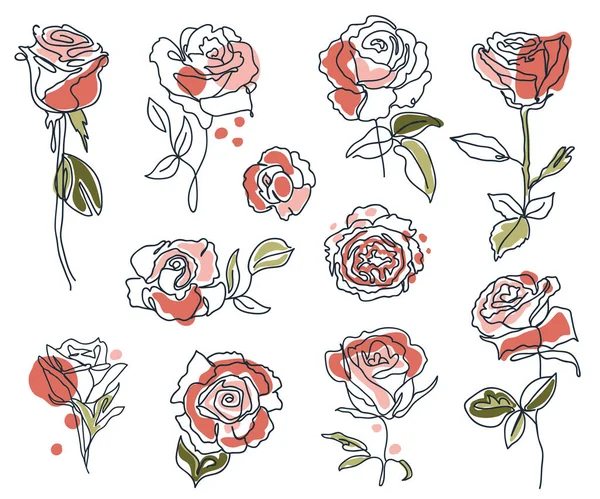 Conjunto de rosas lineales y hojas. — Vector de stock