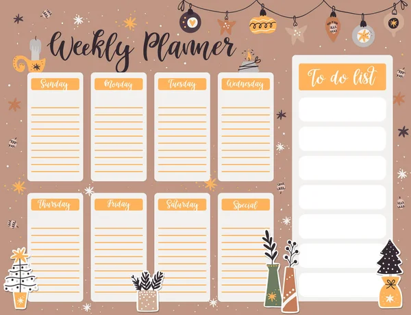 Christmas Weekly Planner Page Template List New Year Items Cartoon — Stock Vector