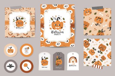 Cadılar Bayramı davetiyeleri, teşekkürler kartlar, etiketler ve kusursuz desenler..