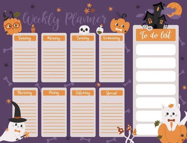 Halloween heti tervező oldal sablon. Csinálni lista aranyos sütőtök, szellemek rajzfilm stílusban — Stock Vector