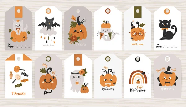 Set tags met Halloween pompoen en items. — Stockvector