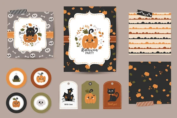 Ensemble Invitations Halloween Cartes Remerciement Étiquettes Motifs Sans Couture Modèles — Image vectorielle