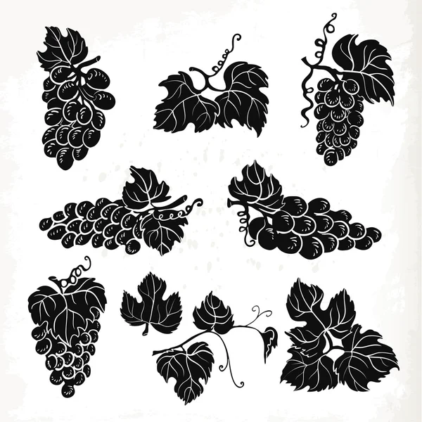 Samling av silhouette druvor, blad och grenar. vektor illustration — Stock vektor