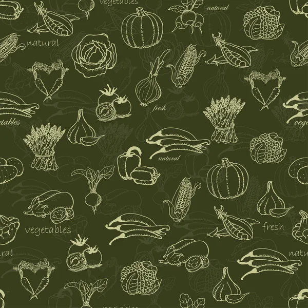 Modèle de cuisine sans couture avec une variété de légumes sur un fond vert foncé. Illustrations vectorielles — Image vectorielle