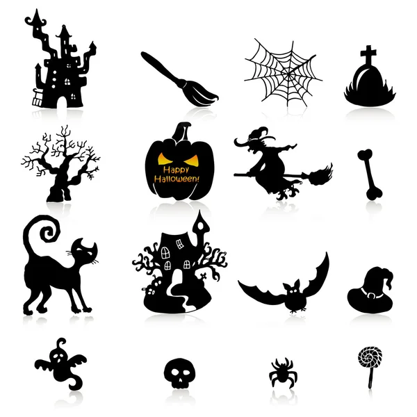 Set of 16 Halloween icons with reflection on white background — Stock Vector