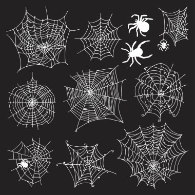 Set of 10 different spiderwebs and spiders on black background clipart