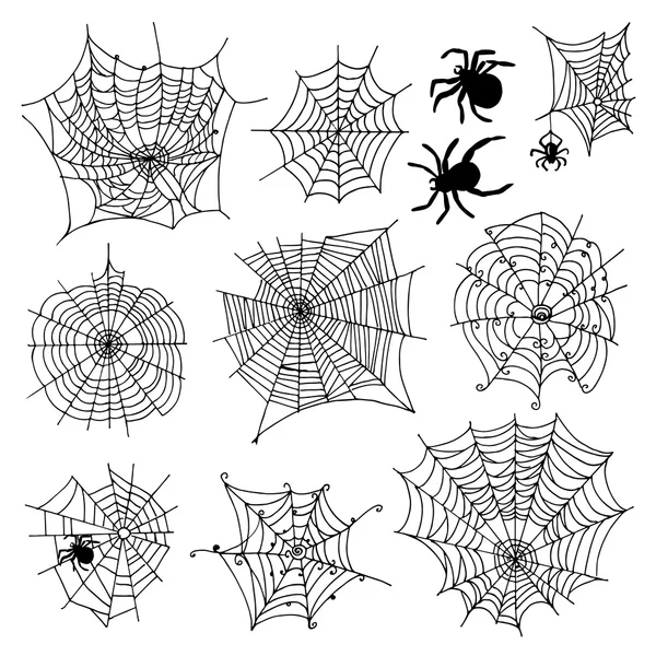 Set of 10 different spiderwebs and spiders on white background — Stock Vector