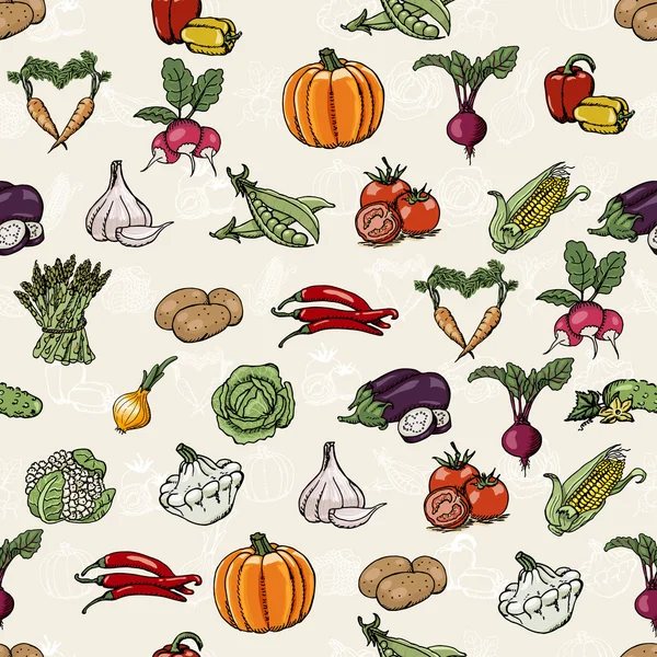 Modèle sans couture avec des légumes colorés. Illustrations vectorielles — Image vectorielle