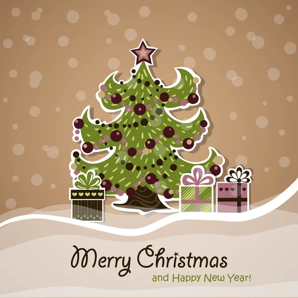 Cartão de Ano Novo com árvore de Natal e presentes no meio — Vetor de Stock