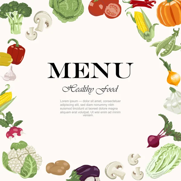 Вегетарианские блюда доступны. Овощной фон с надписью в центре — стоковый вектор