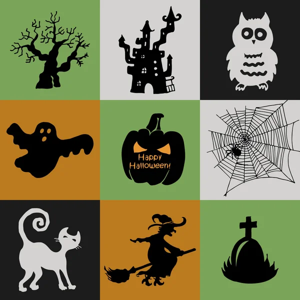 Halloween verzameling van icons - pompoen, heks, uil, ghost, kat, boom, web en het graf van een oud kasteel — Stockvector