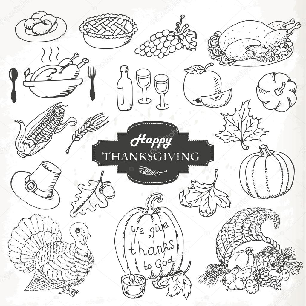 Sketch doodle Thanksgiving icon set. Hand draw vector illustration