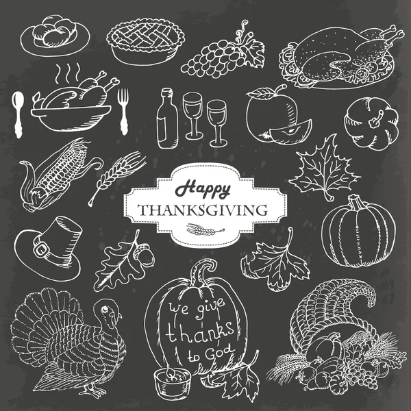 Schets doodle Thanksgiving pictogrammenset op grijze achtergrond. Hand tekenen vectorillustratie — Stockvector