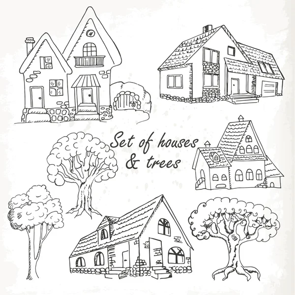 Conjunto de casas y árboles. Ilustración vectorial — Vector de stock